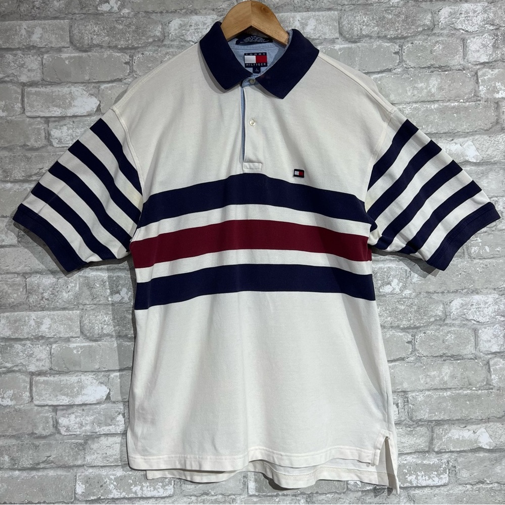 Vintage Tommy Hilfiger Men's Large Short Sleeve Polo Shirt. Textured. Colorblock